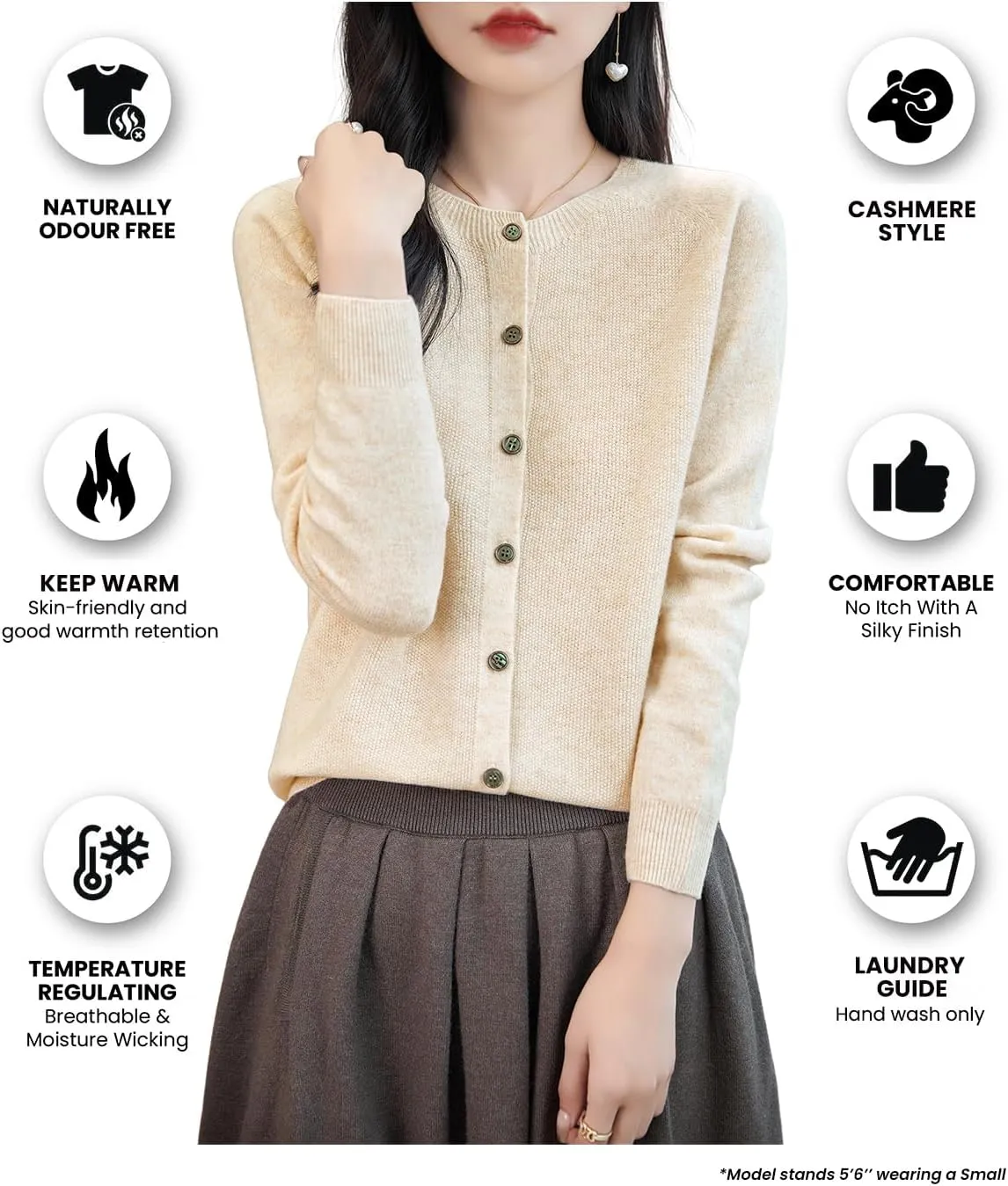 Women's Crewneck 100% Merino Wool Sweater 2025 Spring Fall Solid Long Sleeve Seamless Knitted Cardigan Sweater