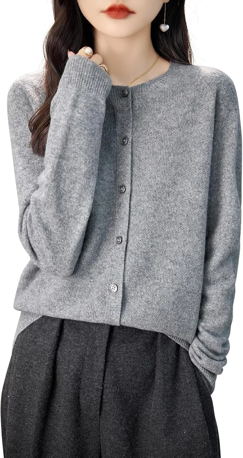 Women's Crewneck 100% Merino Wool Sweater 2025 Spring Fall Solid Long Sleeve Seamless Knitted Cardigan Sweater