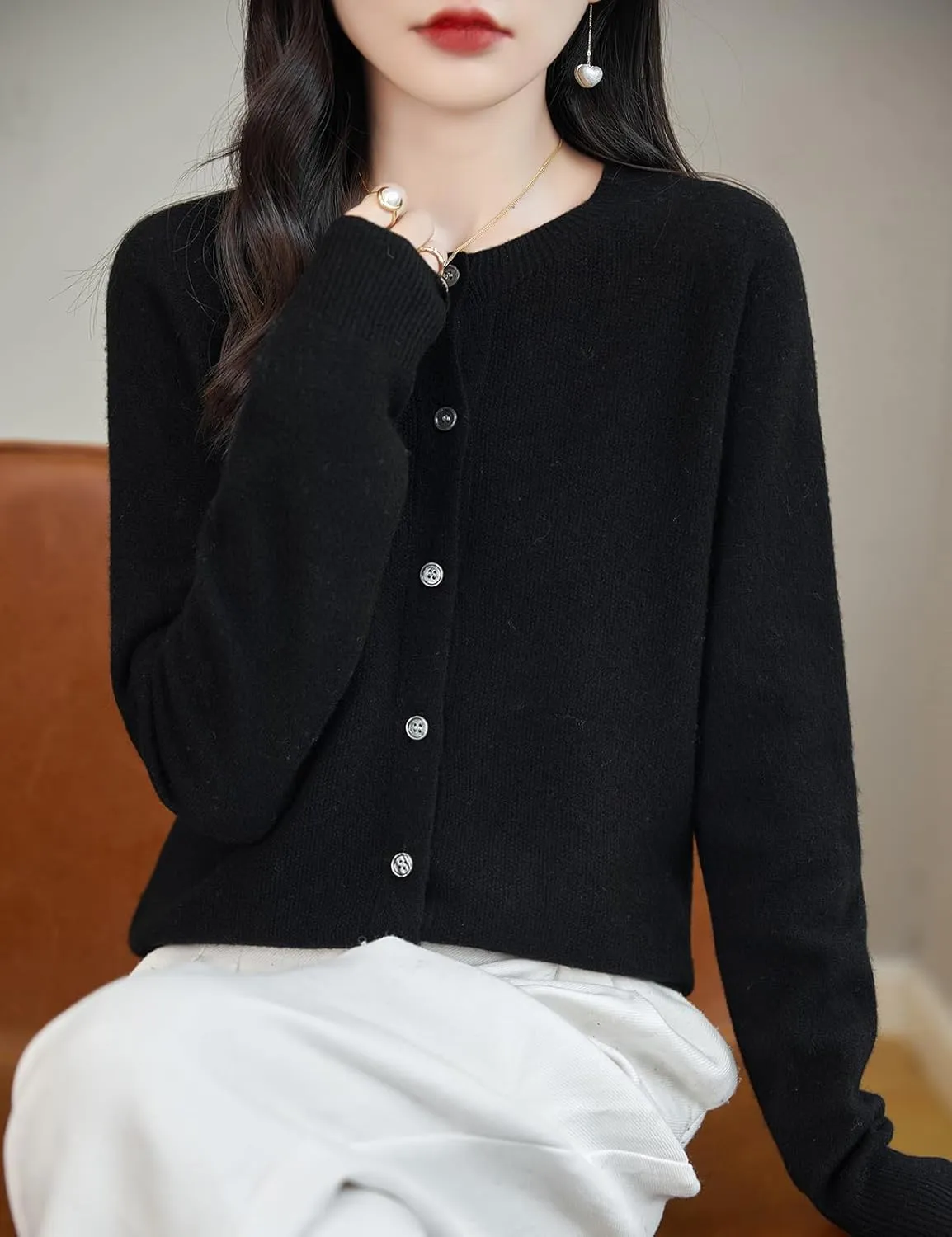 Women's Crewneck 100% Merino Wool Sweater 2025 Spring Fall Solid Long Sleeve Seamless Knitted Cardigan Sweater