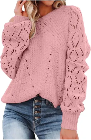 Womens Crewneck Fall Sweaters Solid Crochet Knit Sweaters Hollow Out Pullover Sweater Long Sleeve Jumper Tops