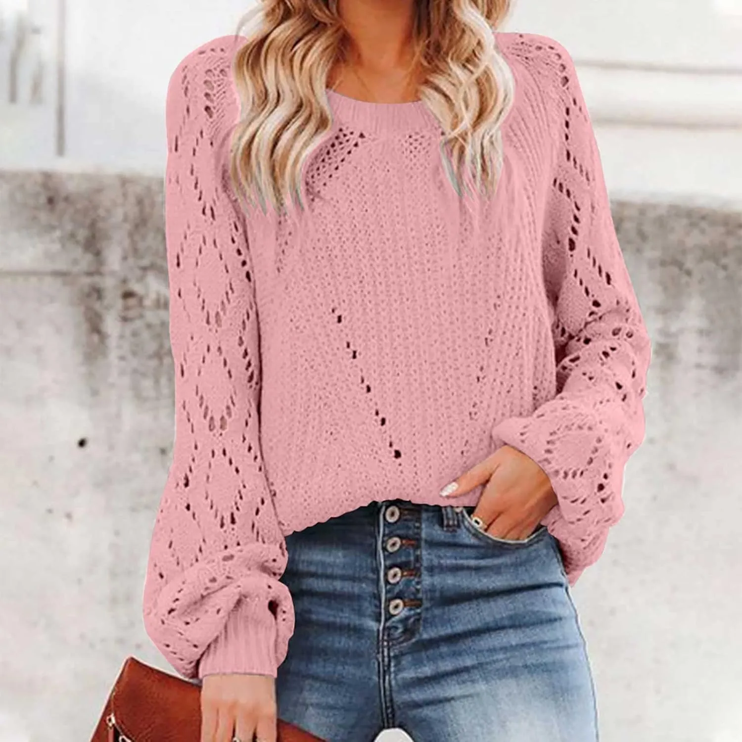 Womens Crewneck Fall Sweaters Solid Crochet Knit Sweaters Hollow Out Pullover Sweater Long Sleeve Jumper Tops