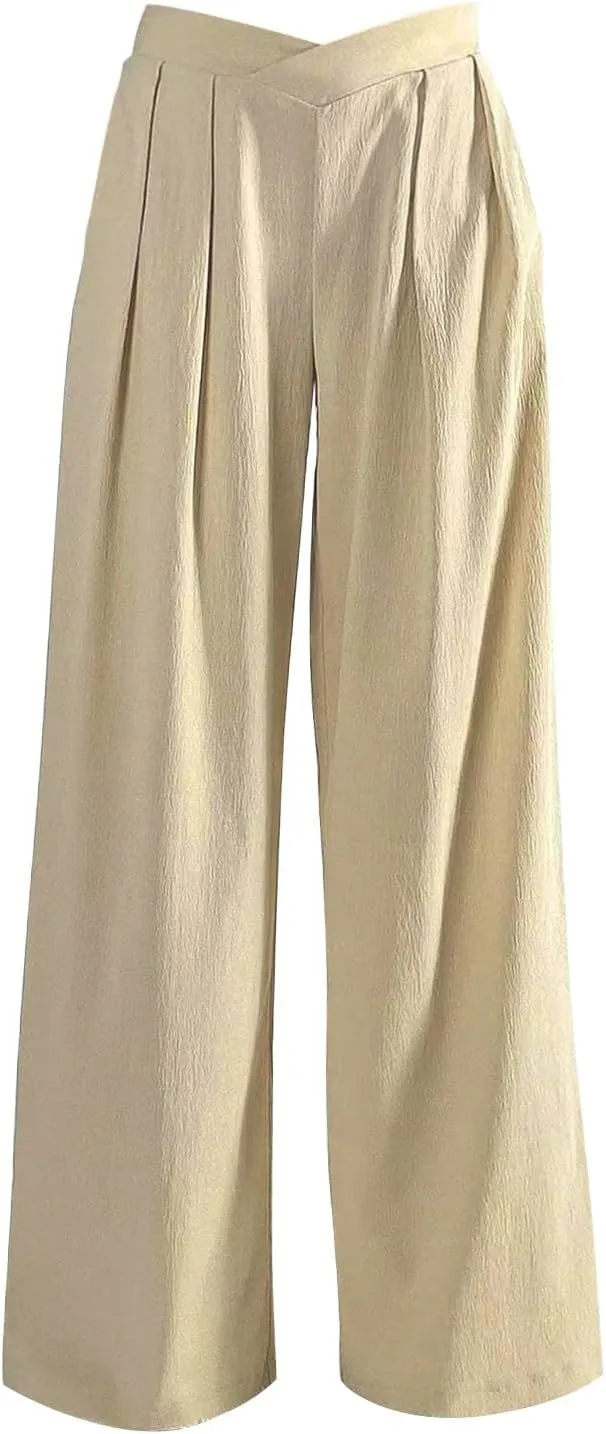Women's Crossover Cotton Linen Pants Dressy Flowy Wide Leg Pants Pocket Summer Boho Pleated Lounge Palazzo Trousers