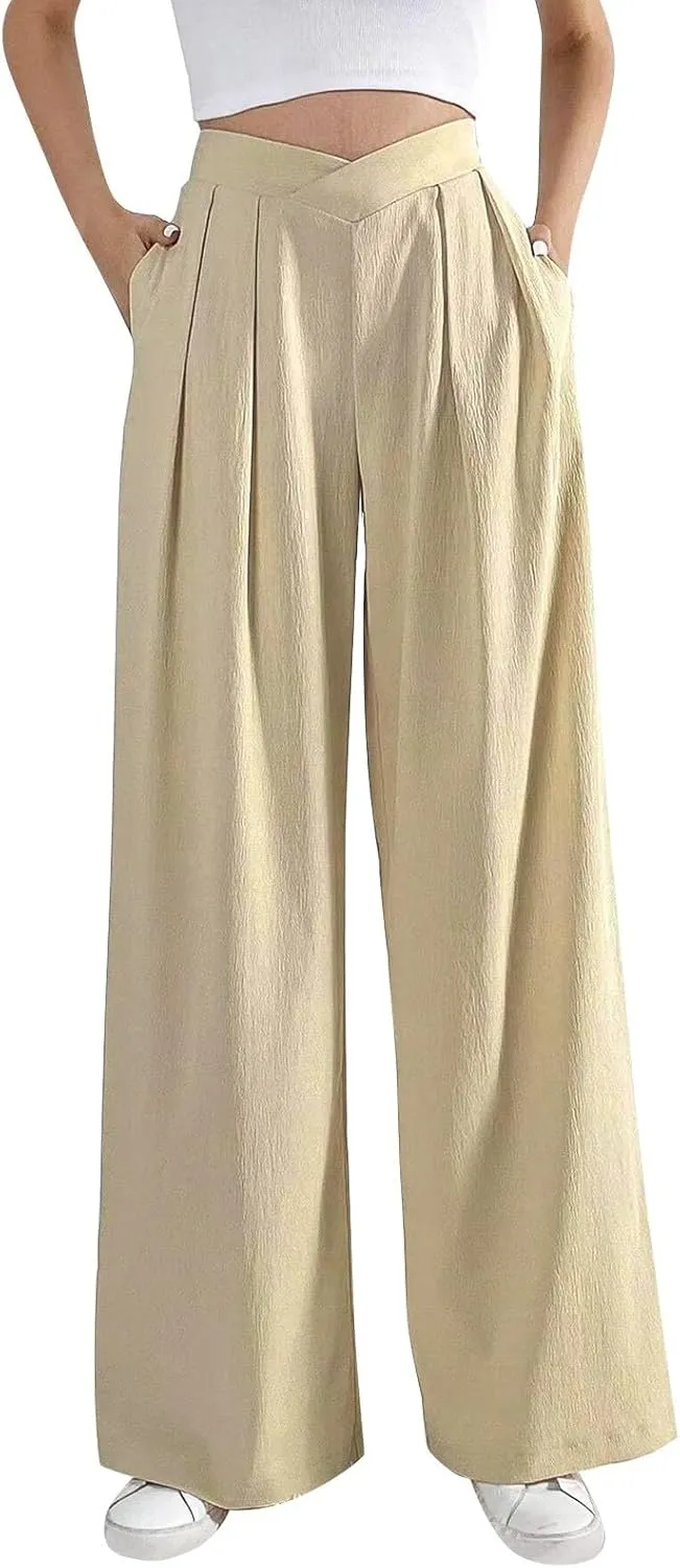 Women's Crossover Cotton Linen Pants Dressy Flowy Wide Leg Pants Pocket Summer Boho Pleated Lounge Palazzo Trousers