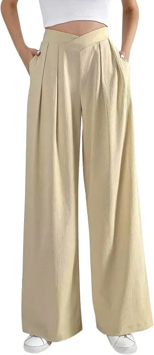 Women's Crossover Cotton Linen Pants Dressy Flowy Wide Leg Pants Pocket Summer Boho Pleated Lounge Palazzo Trousers