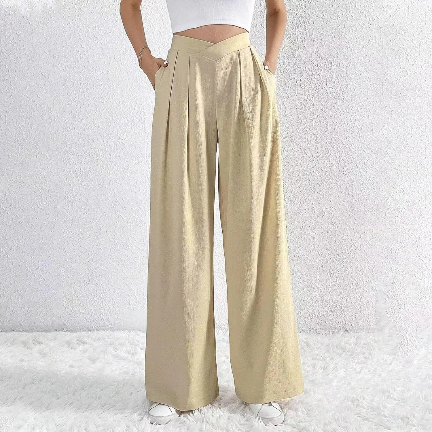 Women's Crossover Cotton Linen Pants Dressy Flowy Wide Leg Pants Pocket Summer Boho Pleated Lounge Palazzo Trousers