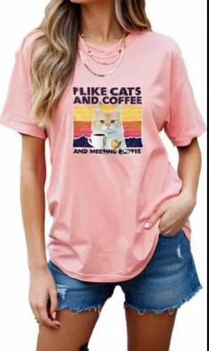 Women's Cute Cat Printed Cotton T Shirts Graphic Tees Vintage Casual Loose Summer Tops