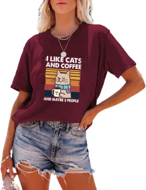 Women's Cute Cat Printed Cotton T Shirts Graphic Tees Vintage Casual Loose Summer Tops