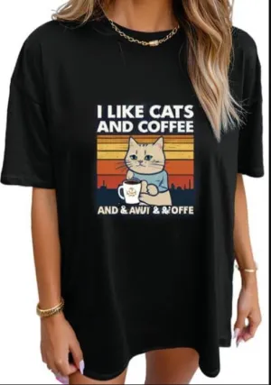 Women's Cute Cat Printed Cotton T Shirts Graphic Tees Vintage Casual Loose Summer Tops