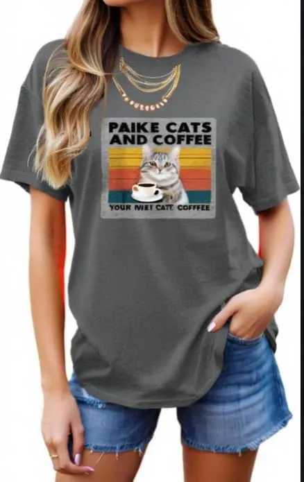Women's Cute Cat Printed Cotton T Shirts Graphic Tees Vintage Casual Loose Summer Tops