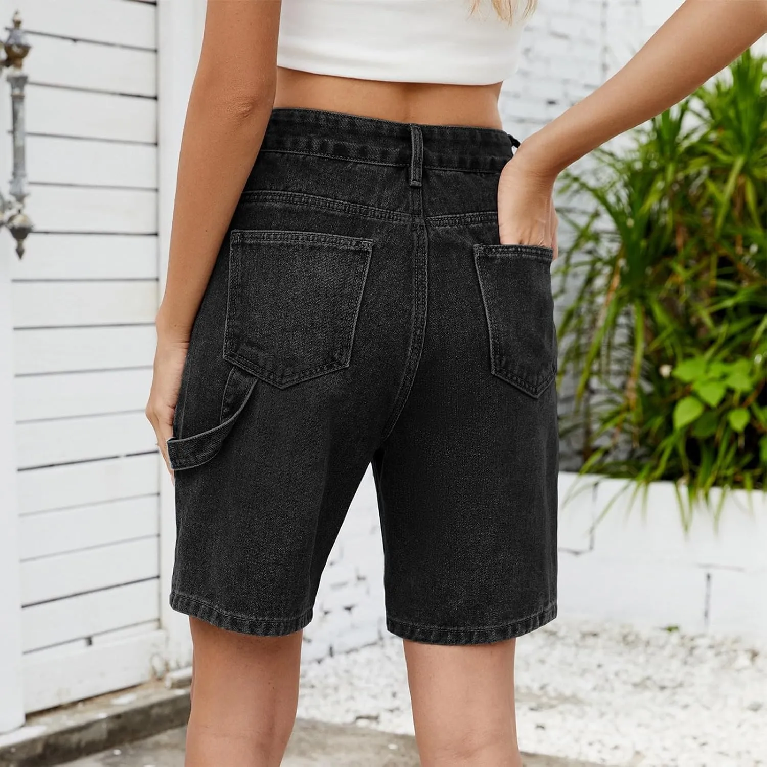 Womens Denim Shorts 9 Inch Inseam - Bermuda Mid-Rise Butt Lift Summer Long Denim 5 Inch Inseam with Pockets