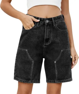 Womens Denim Shorts 9 Inch Inseam - Bermuda Mid-Rise Butt Lift Summer Long Denim 5 Inch Inseam with Pockets