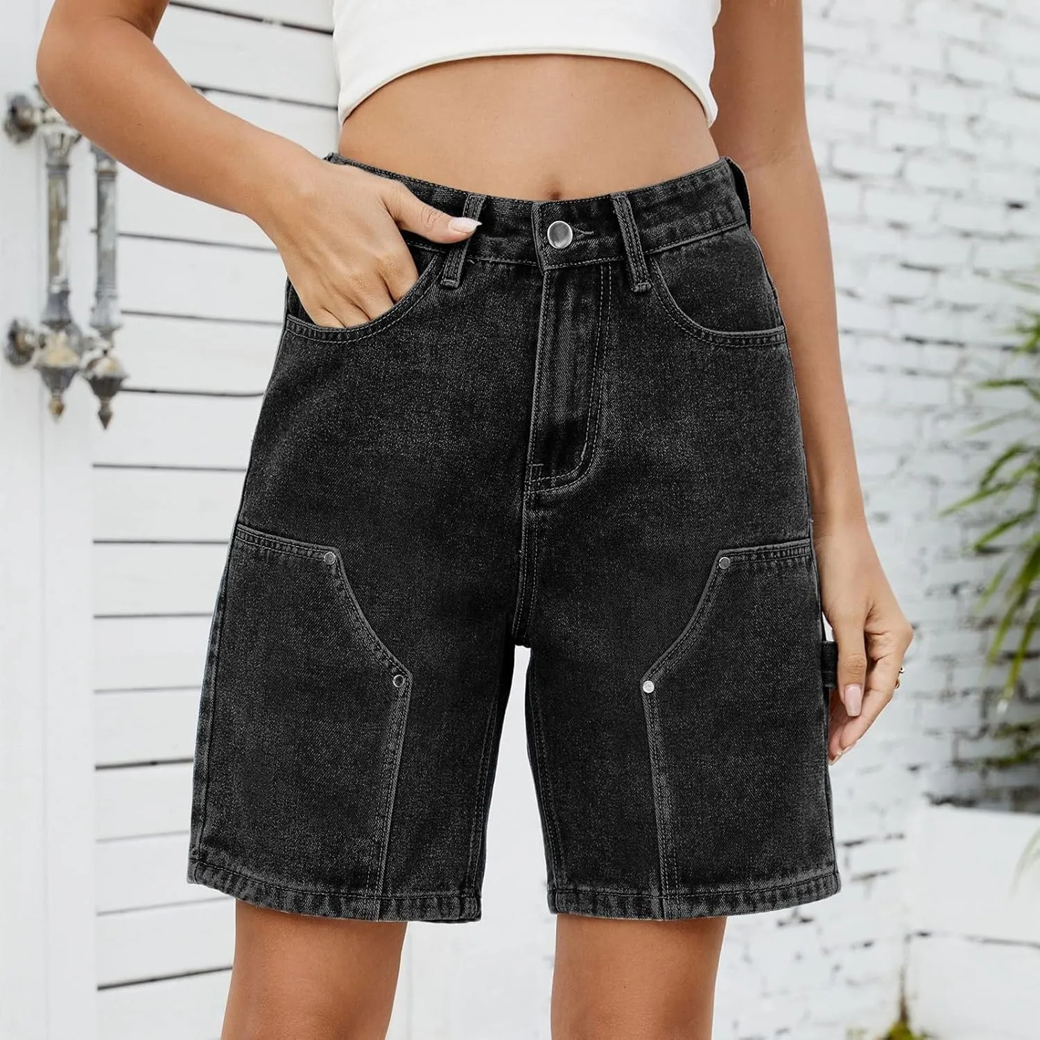 Womens Denim Shorts 9 Inch Inseam - Bermuda Mid-Rise Butt Lift Summer Long Denim 5 Inch Inseam with Pockets