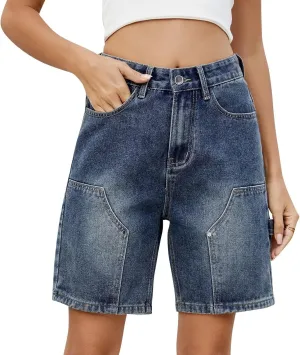 Women's Denim Shorts Elastic Waist - Bermuda Mid-Rise Butt Lift Summer Long Denim 5 Inch Inseam with Multi Pockets