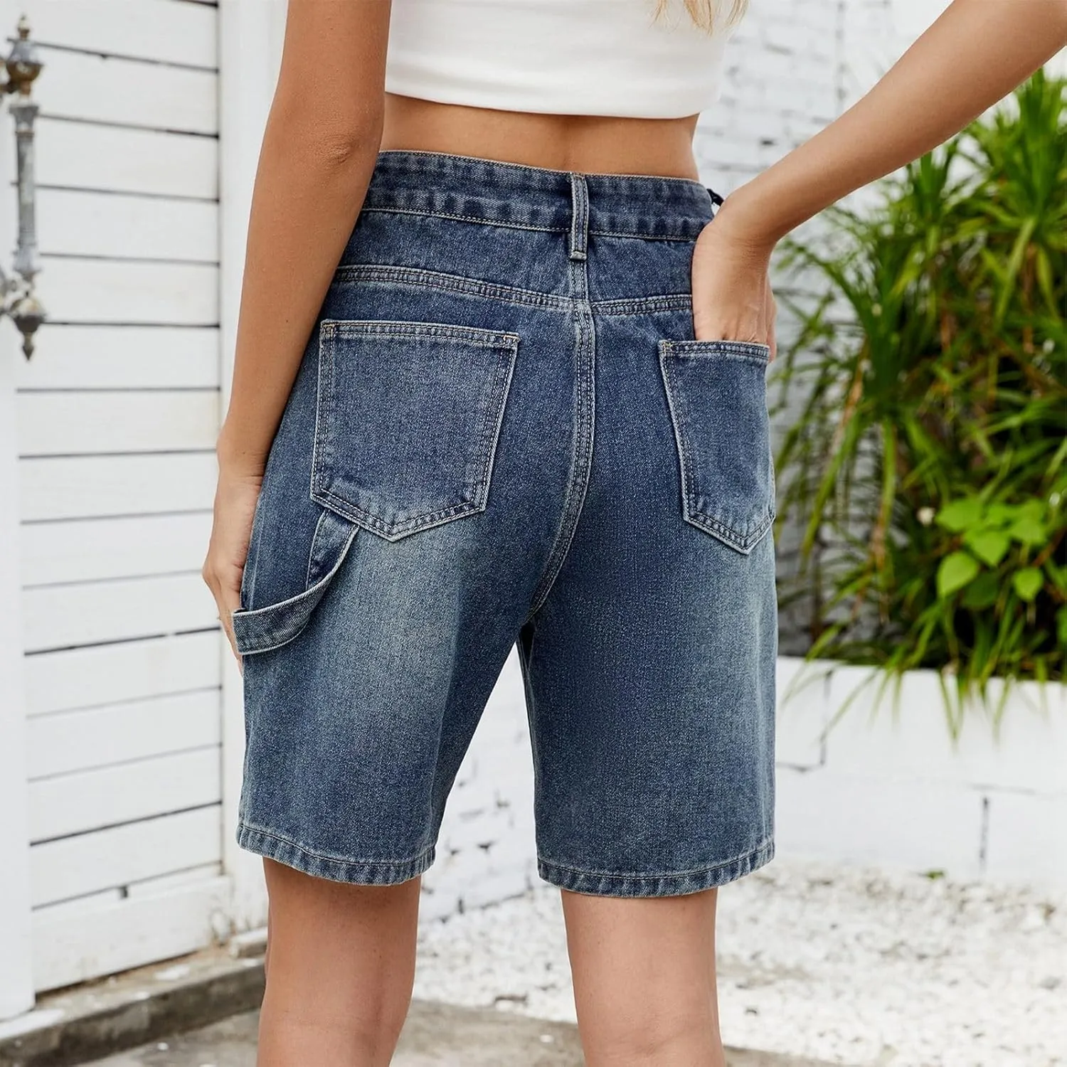 Women's Denim Shorts Elastic Waist - Bermuda Mid-Rise Butt Lift Summer Long Denim 5 Inch Inseam with Multi Pockets