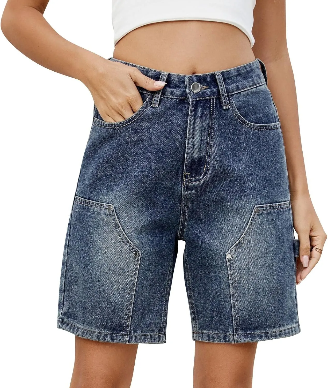 Women's Denim Shorts Elastic Waist - Bermuda Mid-Rise Butt Lift Summer Long Denim 5 Inch Inseam with Multi Pockets