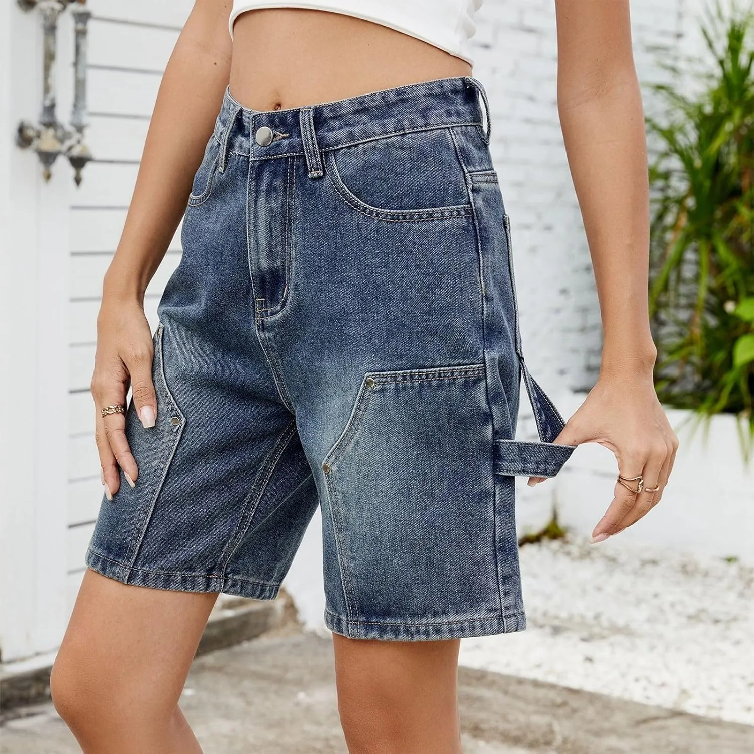 Women's Denim Shorts Elastic Waist - Bermuda Mid-Rise Butt Lift Summer Long Denim 5 Inch Inseam with Multi Pockets