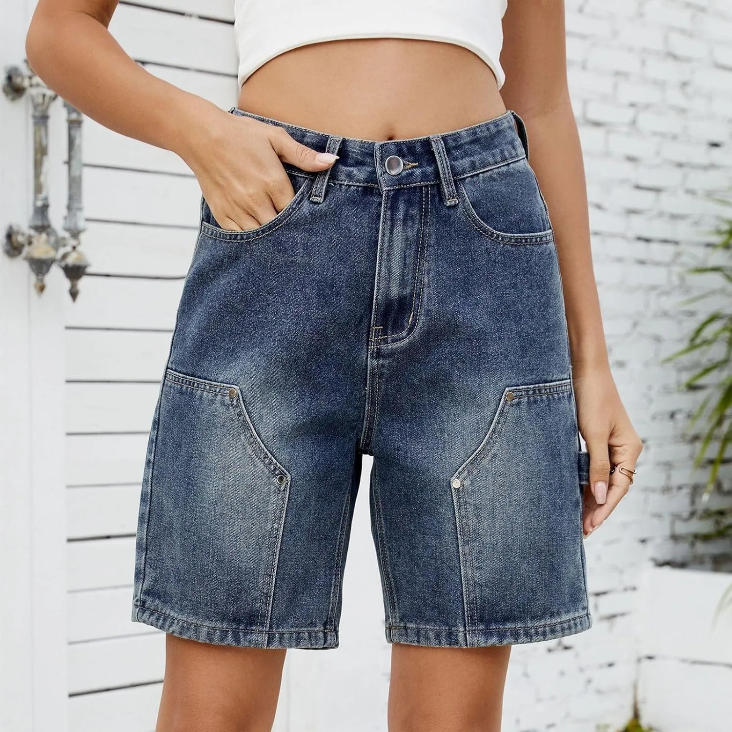 Women's Denim Shorts Elastic Waist - Bermuda Mid-Rise Butt Lift Summer Long Denim 5 Inch Inseam with Multi Pockets