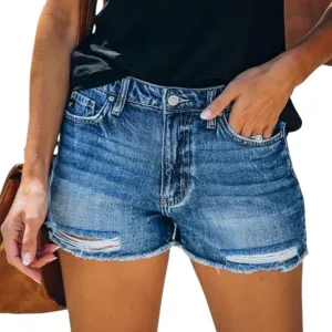 Women's Denim Shorts High Waisted Ripped Stretchy Denim Hot Short Distressed Frayed Hem Jeans Shorts with Pockets
