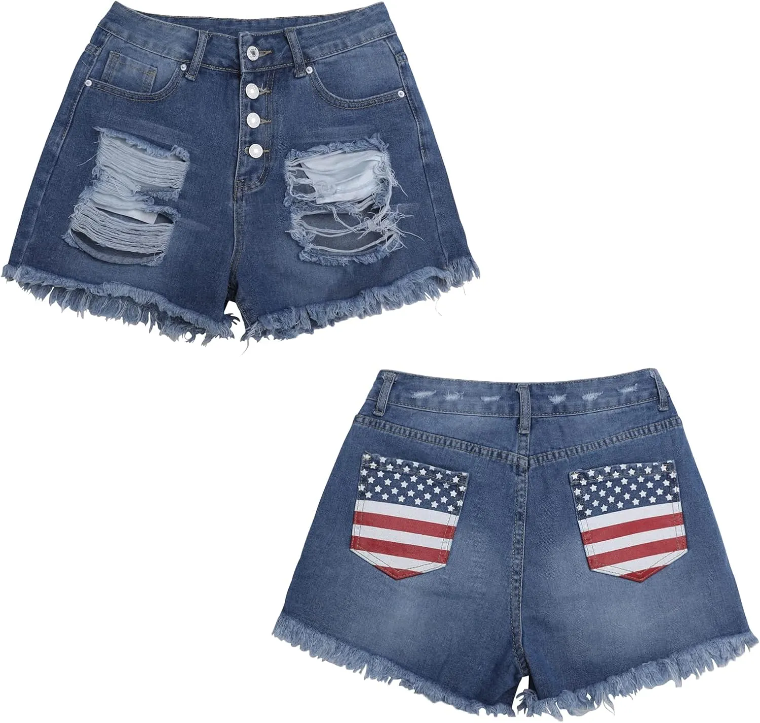Women's Denim Shorts Low-Rise American Flag Printed Shorts Frayed Raw Hem Casual Jeans Shorts Sexy Mini Hot Pants