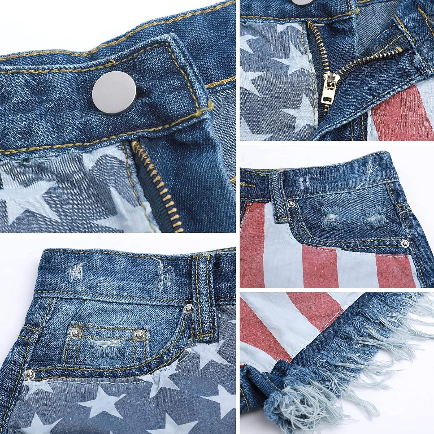 Women's Denim Shorts Low-Rise American Flag Printed Shorts Frayed Raw Hem Casual Jeans Shorts Sexy Mini Hot Pants