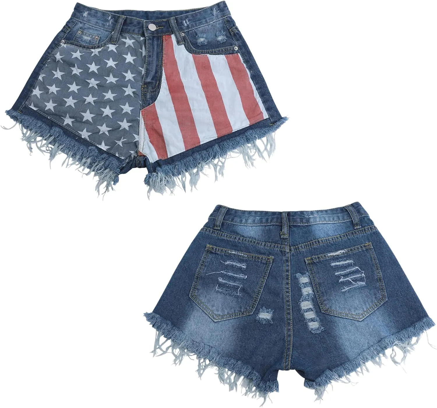 Women's Denim Shorts Low-Rise American Flag Printed Shorts Frayed Raw Hem Casual Jeans Shorts Sexy Mini Hot Pants