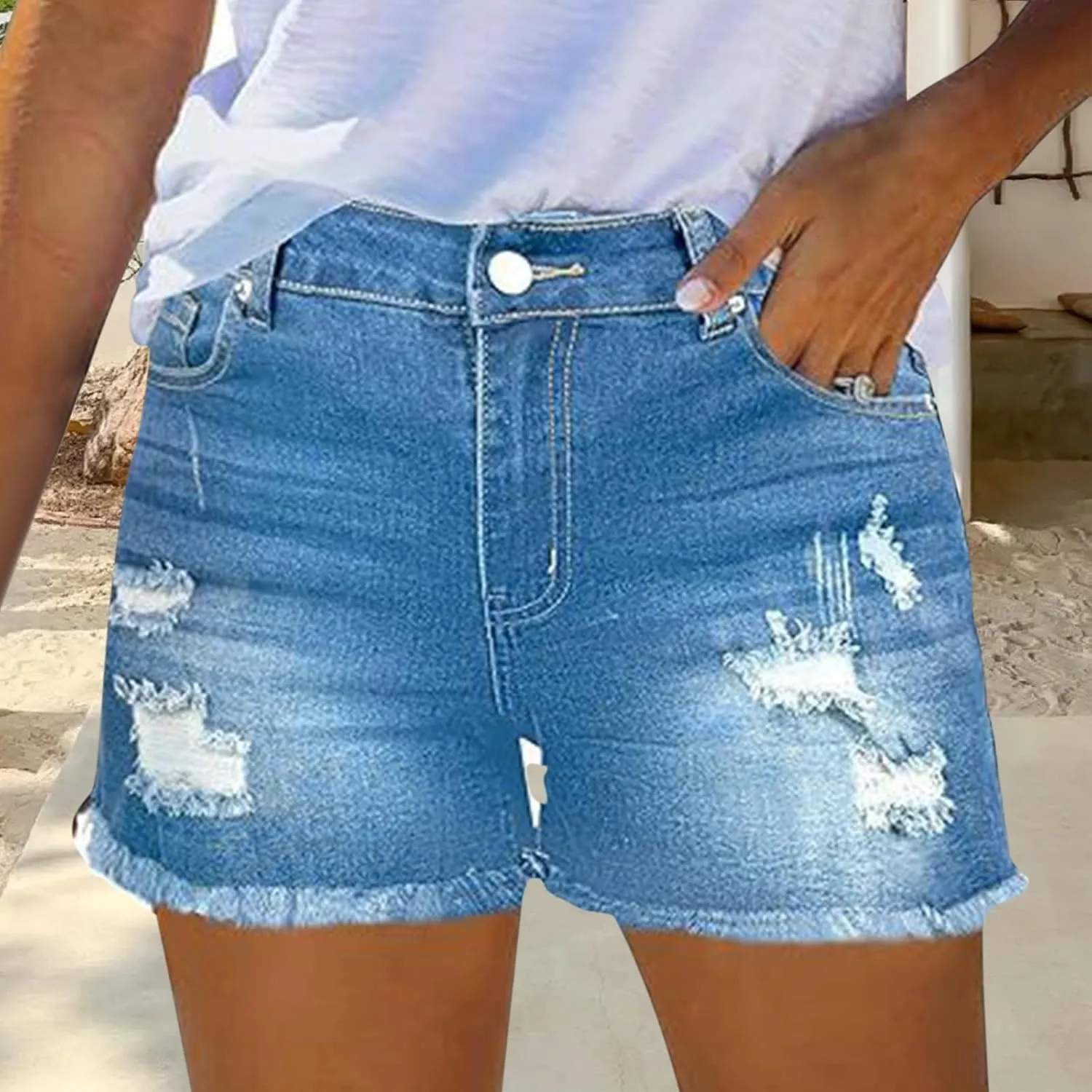 Womens Denim Shorts Stretchy Mid High Waisted Summer Beach Plus Size Ripped Loose Fit Casual Hot Short Denim Jeans