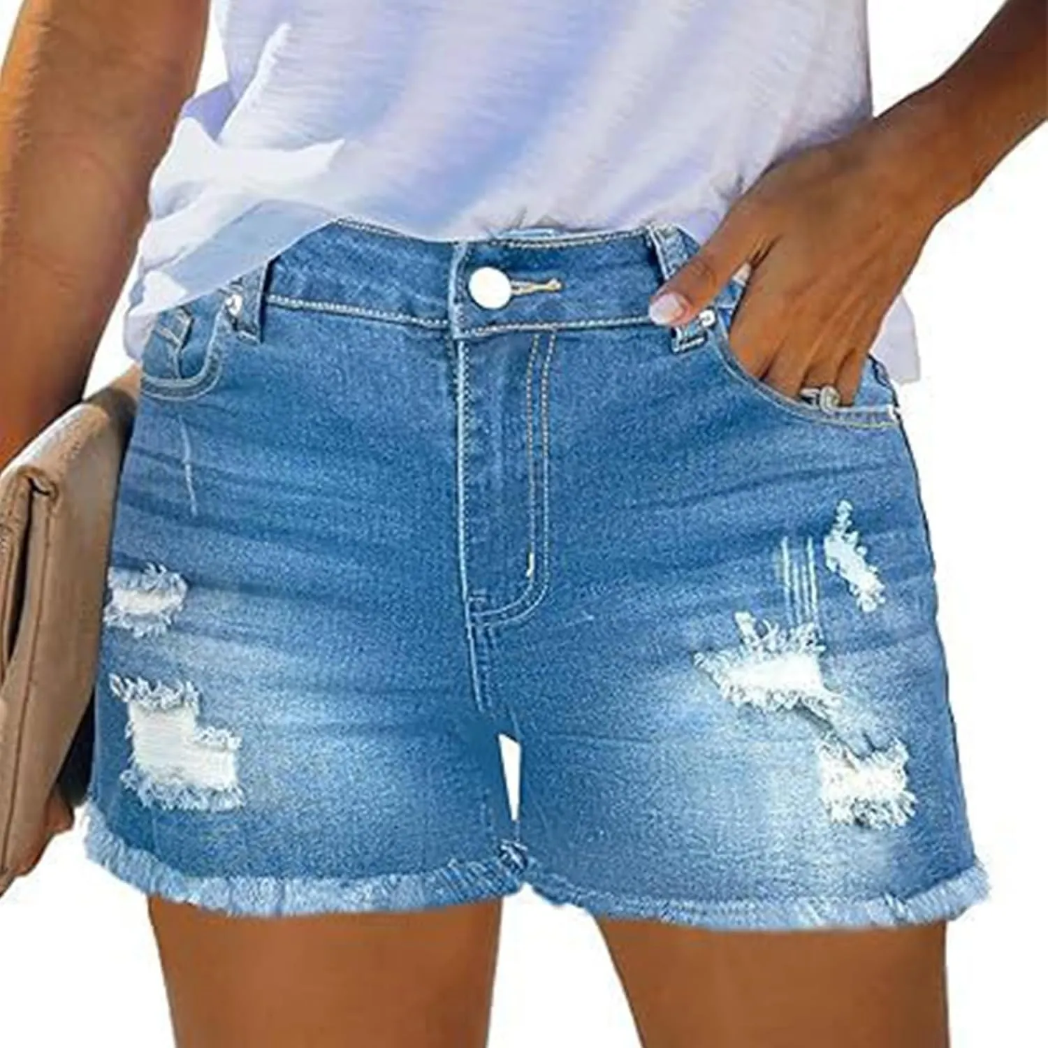 Womens Denim Shorts Stretchy Mid High Waisted Summer Beach Plus Size Ripped Loose Fit Casual Hot Short Denim Jeans