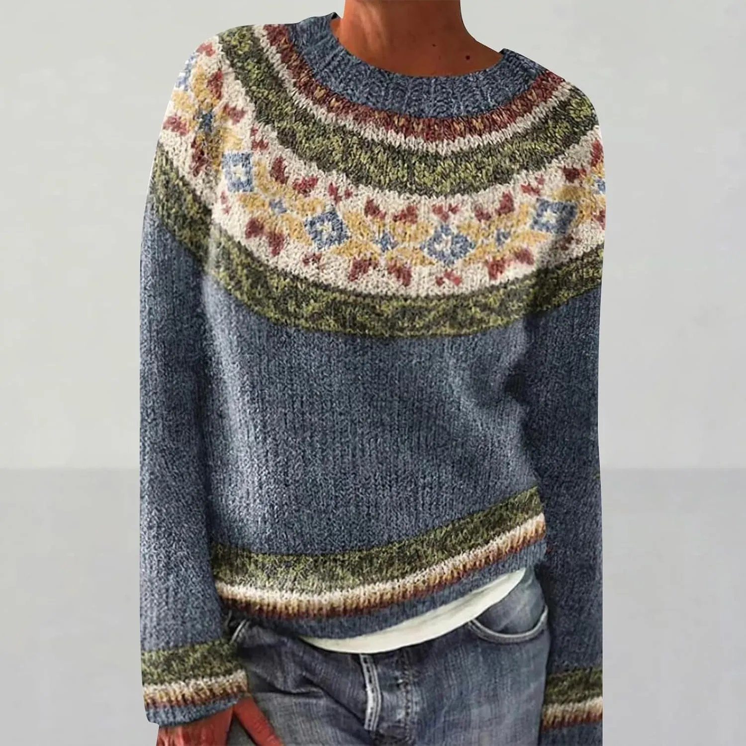 Women's Fair Isle Sweater Winter Warm Wool Knit Vintage Sweaters Retro Long Sleeve Boat Neck Lightweight Pullover Top