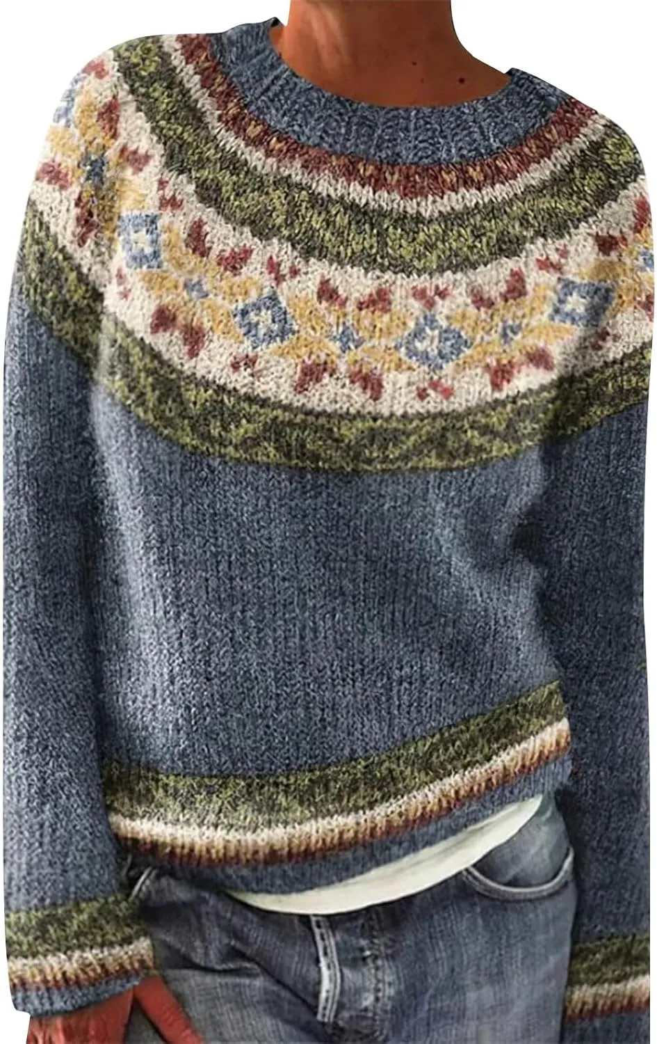 Women's Fair Isle Sweater Winter Warm Wool Knit Vintage Sweaters Retro Long Sleeve Boat Neck Lightweight Pullover Top