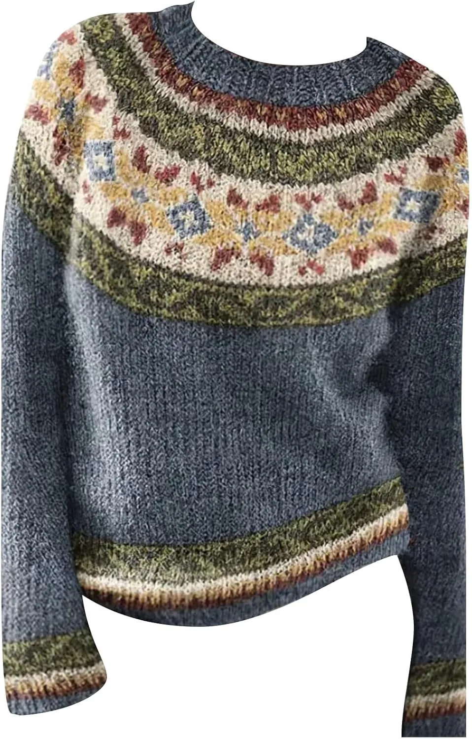 Women's Fair Isle Sweater Winter Warm Wool Knit Vintage Sweaters Retro Long Sleeve Boat Neck Lightweight Pullover Top