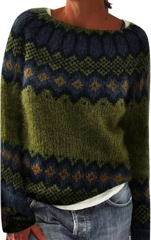 Women's Fair Isle Sweater Winter Warm Wool Knit Vintage Sweaters Retro Long Sleeve Boat Neck Lightweight Pullover Top