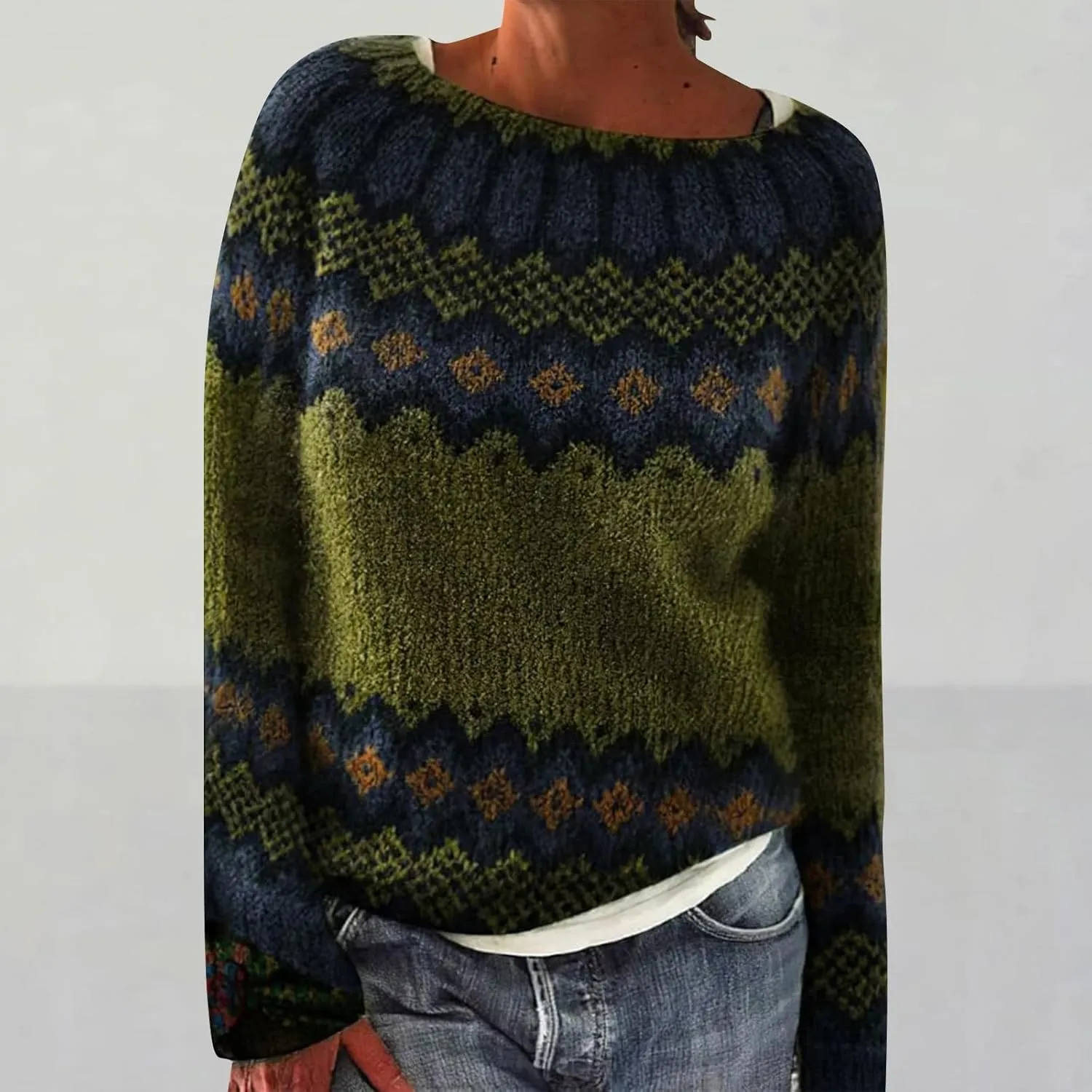 Women's Fair Isle Sweater Winter Warm Wool Knit Vintage Sweaters Retro Long Sleeve Boat Neck Lightweight Pullover Top