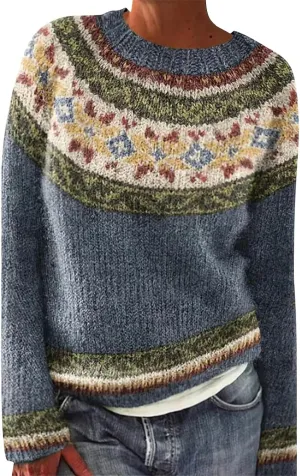 Women's Fair Isle Sweater Winter Warm Wool Knit Vintage Sweaters Retro Long Sleeve Boat Neck Lightweight Pullover Top