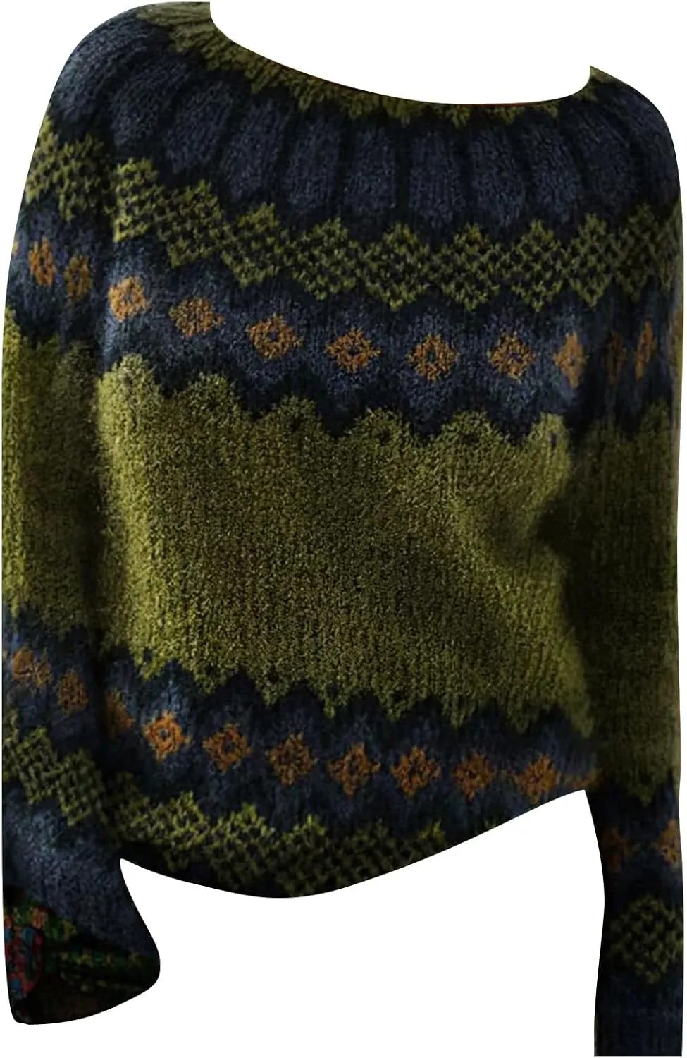 Women's Fair Isle Sweater Winter Warm Wool Knit Vintage Sweaters Retro Long Sleeve Boat Neck Lightweight Pullover Top