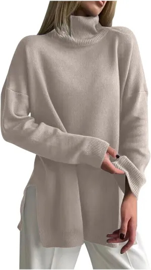 Women's Fall Oversized Turtleneck Sweater Casual Long Sleeve Comfy Knit Pullover Tops Lightweight Sweater for Women
