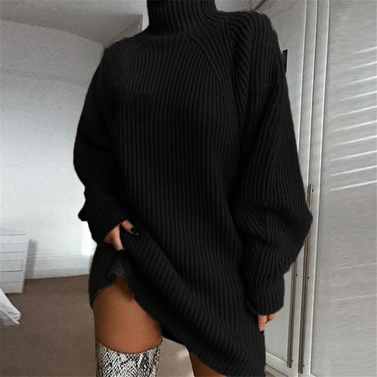 Womens Fall Turtleneck Sweater Sweater Mid Length Dress with Shoulder Sleeves and Half Turtleneck Sweater Tunic