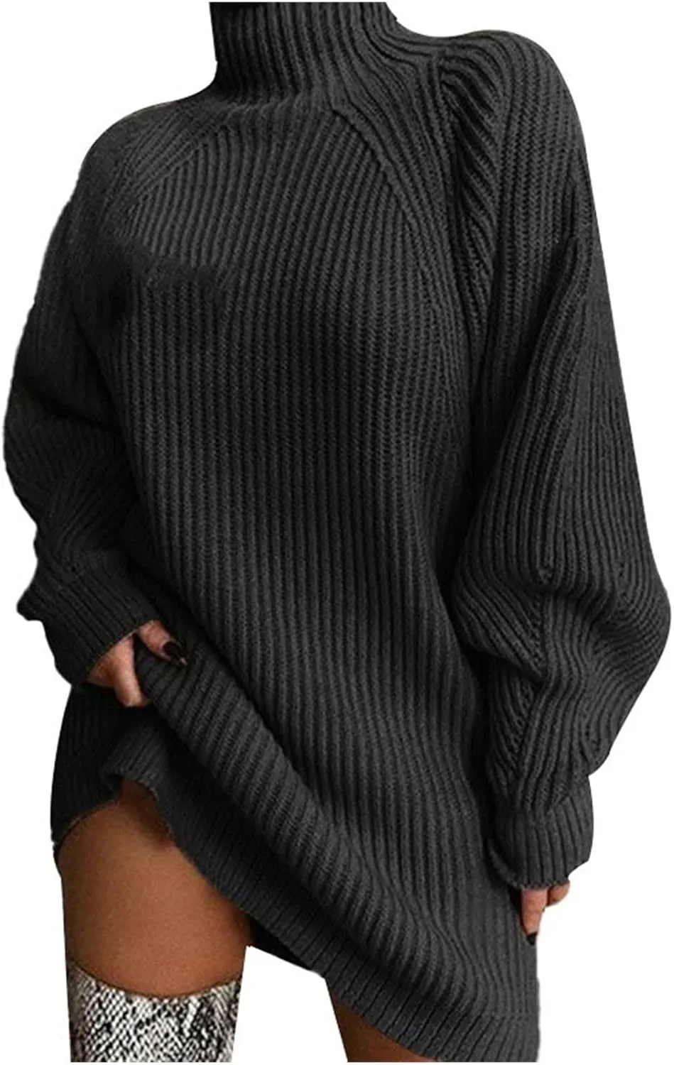 Womens Fall Turtleneck Sweater Sweater Mid Length Dress with Shoulder Sleeves and Half Turtleneck Sweater Tunic