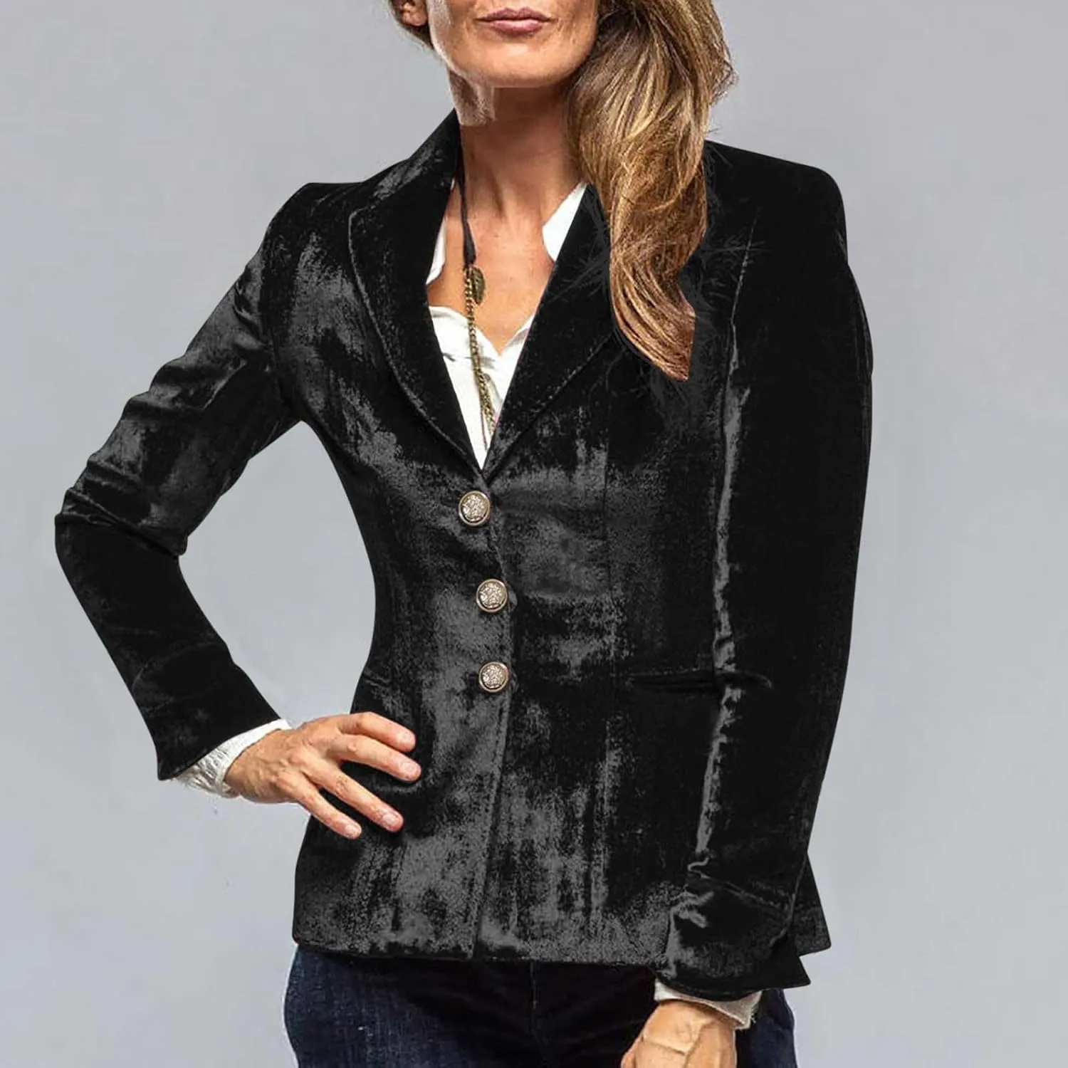 Women's Fall Winter Vintage Long Sleeve Velvet Blazers Jackets Casual Office Work Button Tailored Coat with Pockets