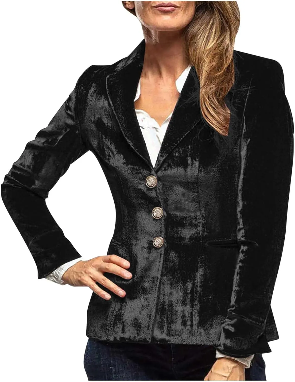 Women's Fall Winter Vintage Long Sleeve Velvet Blazers Jackets Casual Office Work Button Tailored Coat with Pockets