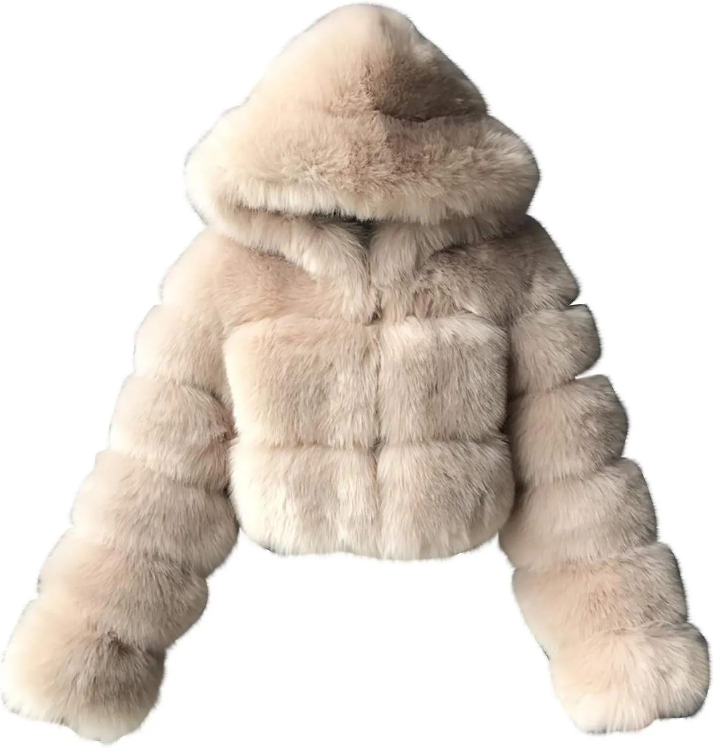 Womens Faux Fur Coat Jacket Open Front Crop Tops Solid Color Shaggy Hooded Cardigan Long Sleeve Fashion Warm Outwear Memela