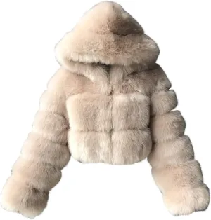 Womens Faux Fur Coat Jacket Open Front Crop Tops Solid Color Shaggy Hooded Cardigan Long Sleeve Fashion Warm Outwear Memela