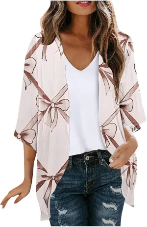 Womens Flowy 3/4 Sleeve Chiffon Kimono Cardigan UV Sun Protection Shirts Summer Work Swimsuit Front Open Cover Ups