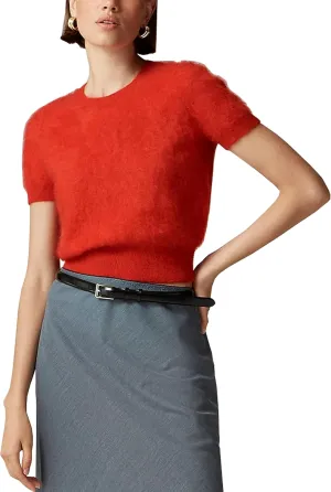 Women's Furry Cropped Sweater Short Sleeve Soft Fuzzy Sweater T Shirt Loose Casual Knit Pullover