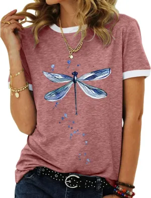 Women's Graphic Tees Casual Summer Funny Dragonfly Printed Short Sleeve Cute T Shirts Tops