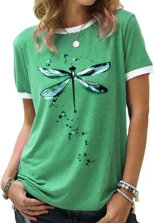 Women's Graphic Tees Casual Summer Funny Dragonfly Printed Short Sleeve Cute T Shirts Tops