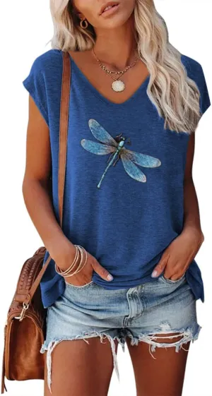 Women's Graphic Tees Casual Summer Funny Dragonfly Printed Short Sleeve Cute T Shirts Tops