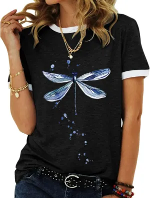 Women's Graphic Tees Casual Summer Funny Dragonfly Printed Short Sleeve Cute T Shirts Tops