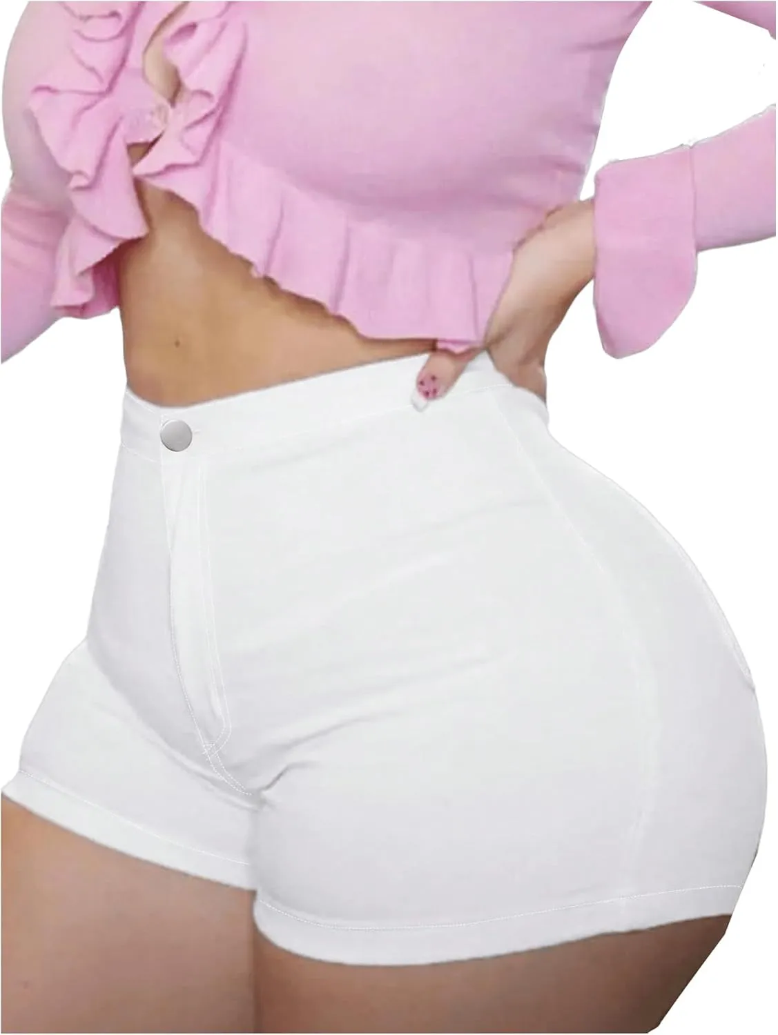 Women's High Waist Denim Shorts Straight Leg Roll Up Hem Button Jean Short Denim Stretchy Skinny Shorts