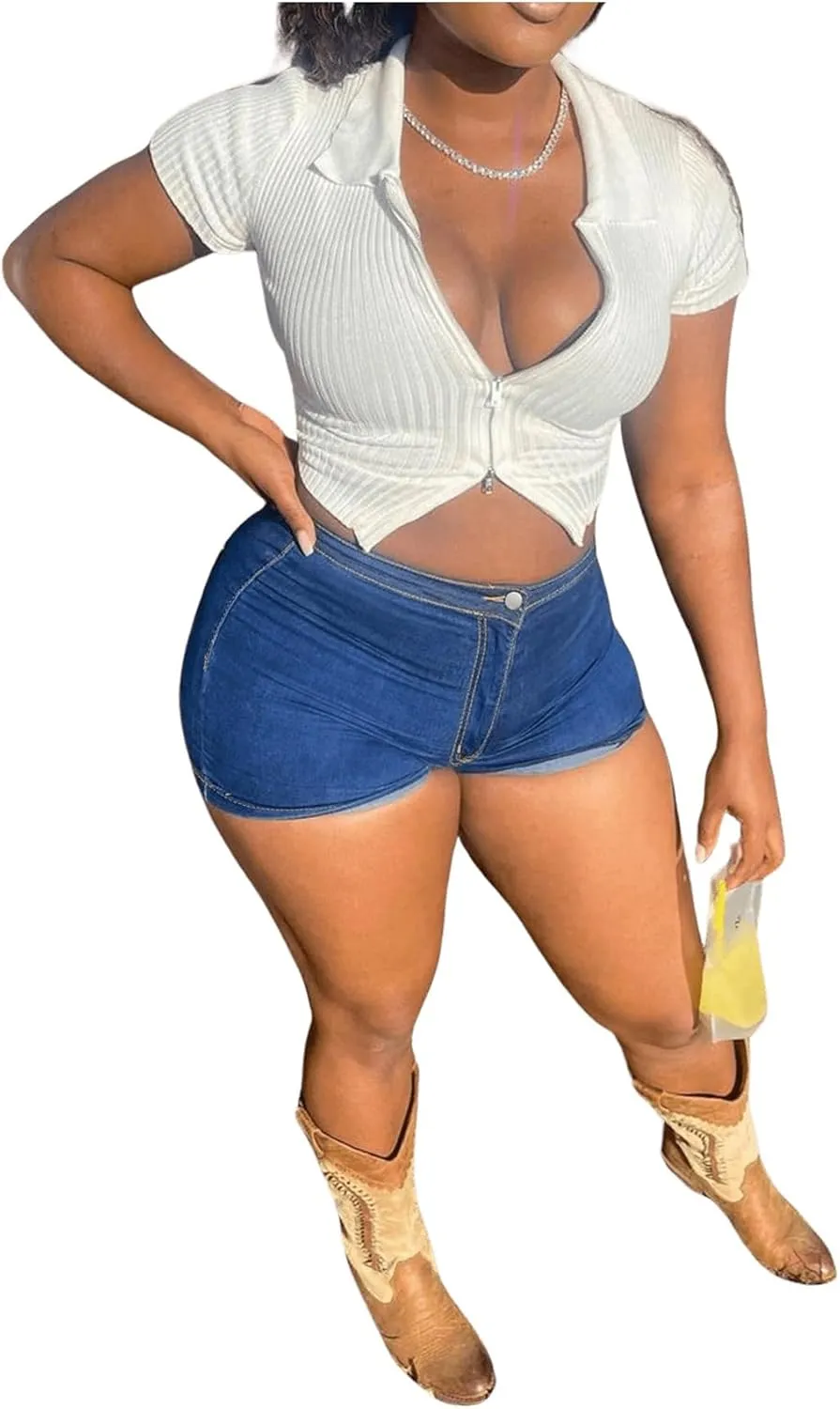 Women's High Waist Denim Shorts Straight Leg Roll Up Hem Button Jean Short Denim Stretchy Skinny Shorts