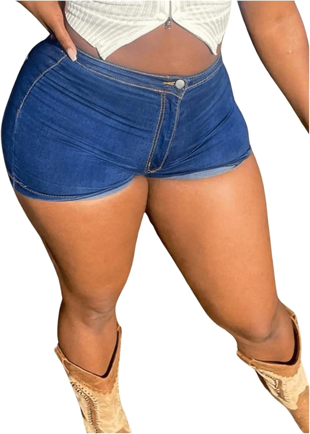 Women's High Waist Denim Shorts Straight Leg Roll Up Hem Button Jean Short Denim Stretchy Skinny Shorts